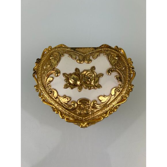 Gold & White Heart Metal Trinket Box Hinged Made in Japan Rose Floral VTG READ - Picture 3 of 16